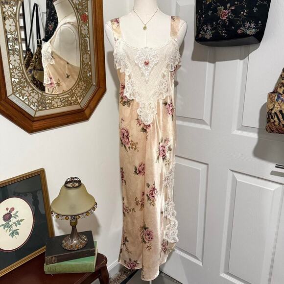 VTG 90s California Dynasty Beige & Pink Floral Satin Lace Rosette Maxi Slip M - Picture 3 of 8